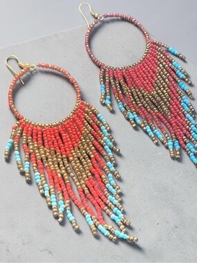 Handmade Beaded Fringe Hoop Earrings - Coral, Turquoise & Gold